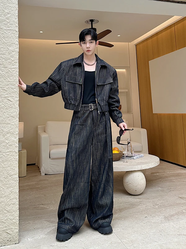 

Ретро-комплект из плотного денима: куртка и широкие брюки для мужчин, модный повседневный комплект из двух предметов для весны и осени