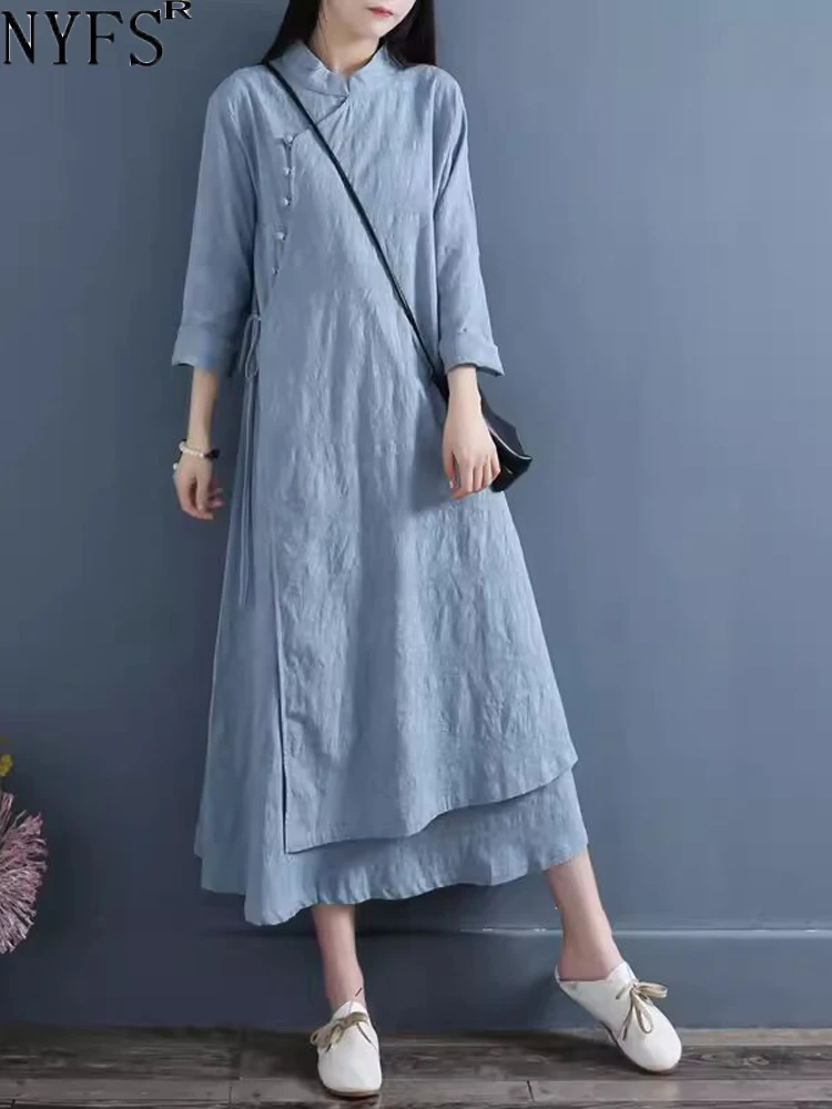 NYFS 2024 Spring Autumn New Womens Dresses Vestidos Robe Elbise Loose Plus Size Cotton Linen Double Layer Long Dress