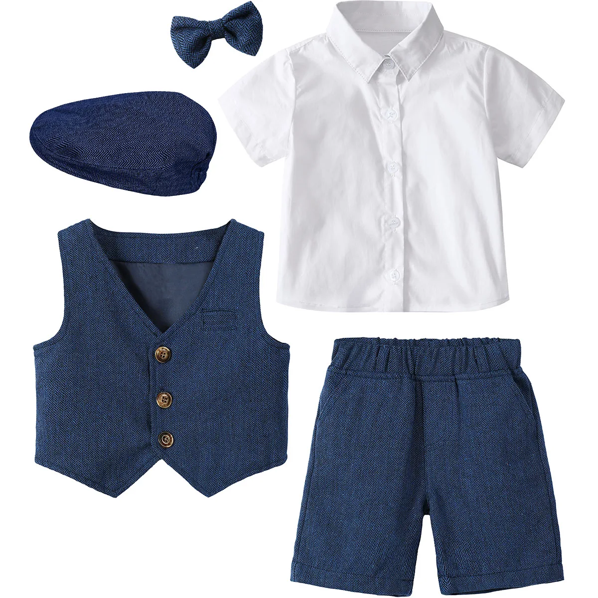 Baby Boy Clothes With Hat Toddler Wedding Suit Set Infant Birthday Party Baptism Outfit Gentleman Formal Short Sleeved 4 PCS