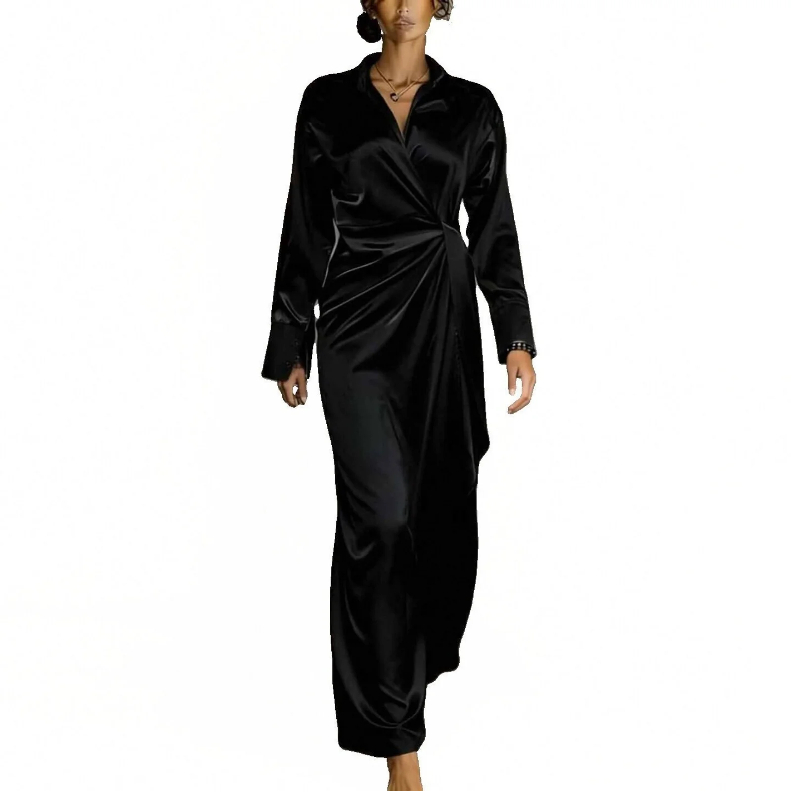 Elegant Lapel V-Neck Shirt Dress Women Fashion Draped Loose Long Dress 2026 Casual Commuting Satin Long Sleeve Party Dress