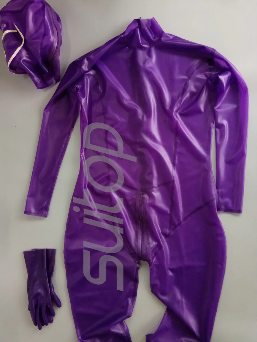 

women's rubber catsuit (whole sets) latex bodysuits in trasparent purple with back zip to crotch nurse