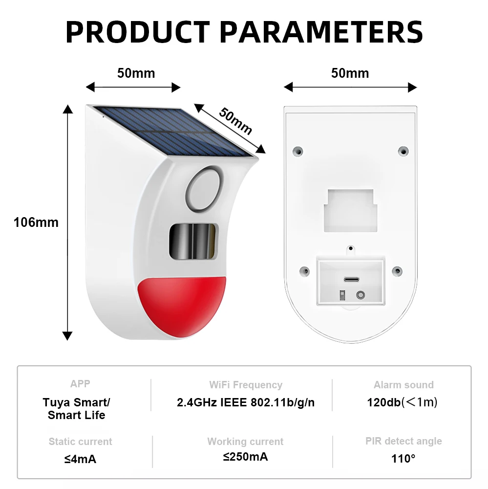 Solar PIR-sensoralarm met Tuya APP WiFi draadloze buitensirene Waterdichte inbraakbeveiliging Strobe Sirene App Afstandsbediening