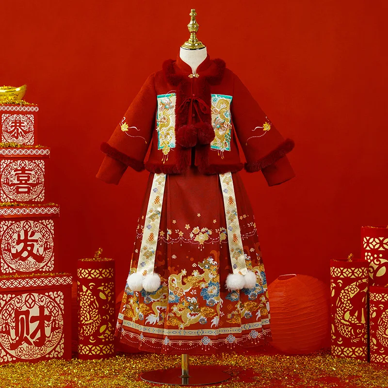 

Новое зимнее платье-ханьфу для девочек, очаровательное платье-костюм принцессы с вышивкой, китайская одежда на Новый год