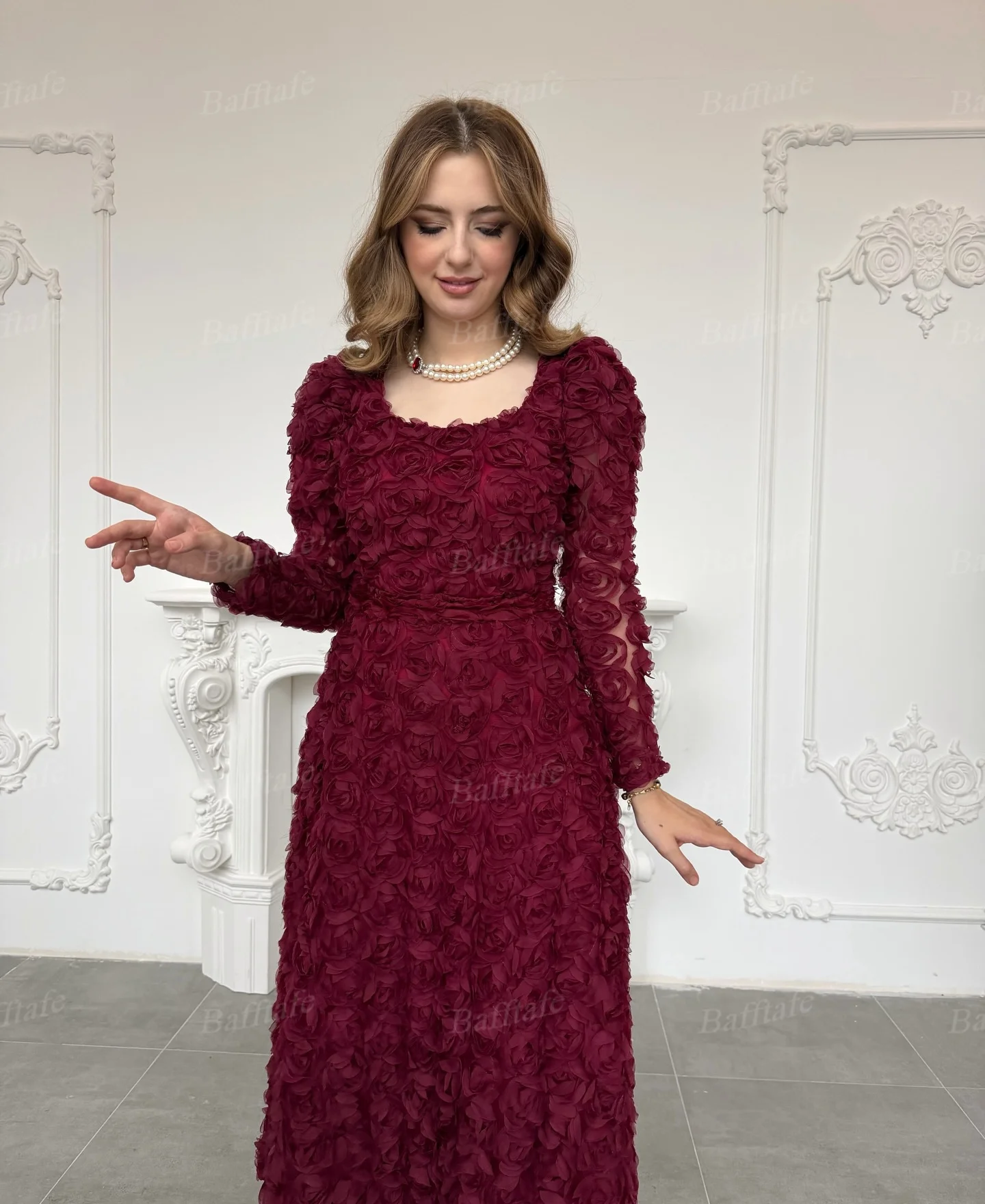 Bafftafe-vestidos de graduación de lujo con flores en 3D, personalizados, línea A, manga larga, vestido de noche para mujer, vestidos de compromiso de boda por debajo de la rodilla