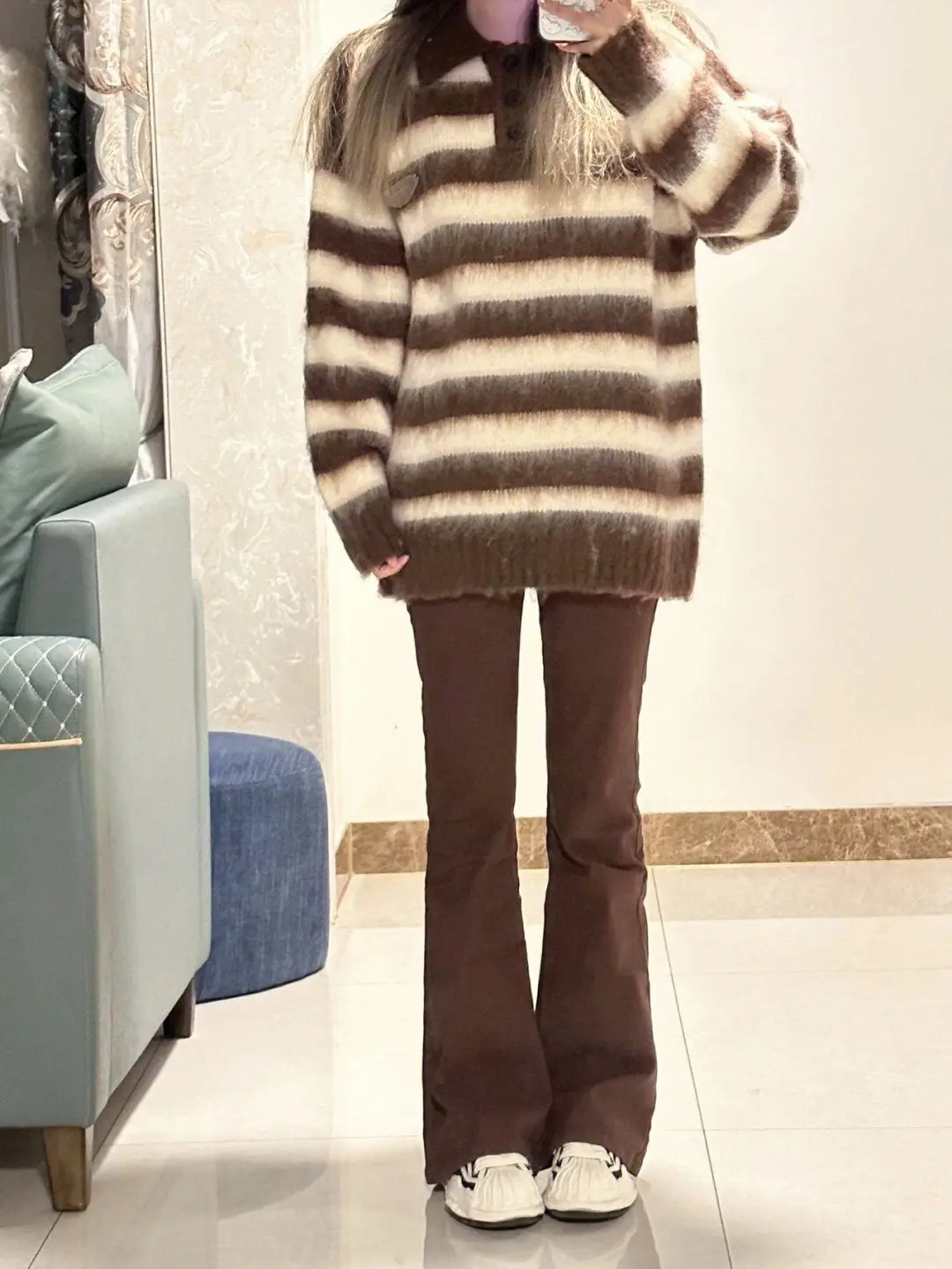 Suéter Casual a Rayas Marrones de Otoño Invierno, Talla Grande, Estilo Retro Americano, Tejido, para Mujer