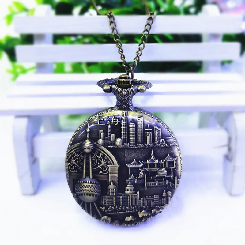 Factory Wholesale Flip Retro Quartz Watch Scenic Souvenir Gift Watch Pocket Watch Shanghai Oriental Pearl Pocket Watch