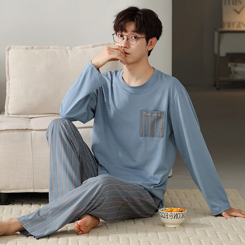 Men Pajamas Set Round Neck Long Sleeves Long Pants Autumn Winter Simple Sleepwear Casual Pyjamas Cozy Pijamas Boy Nighty Male Pj