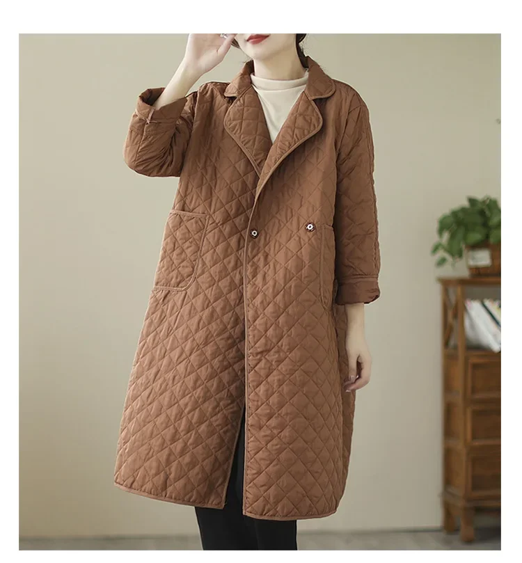 2023 New Arrival Rhombic Lattice Pockets Vintage Autumn Winter Outwear Down Coats Padded Cotton Fashion Women Casual Long Coats