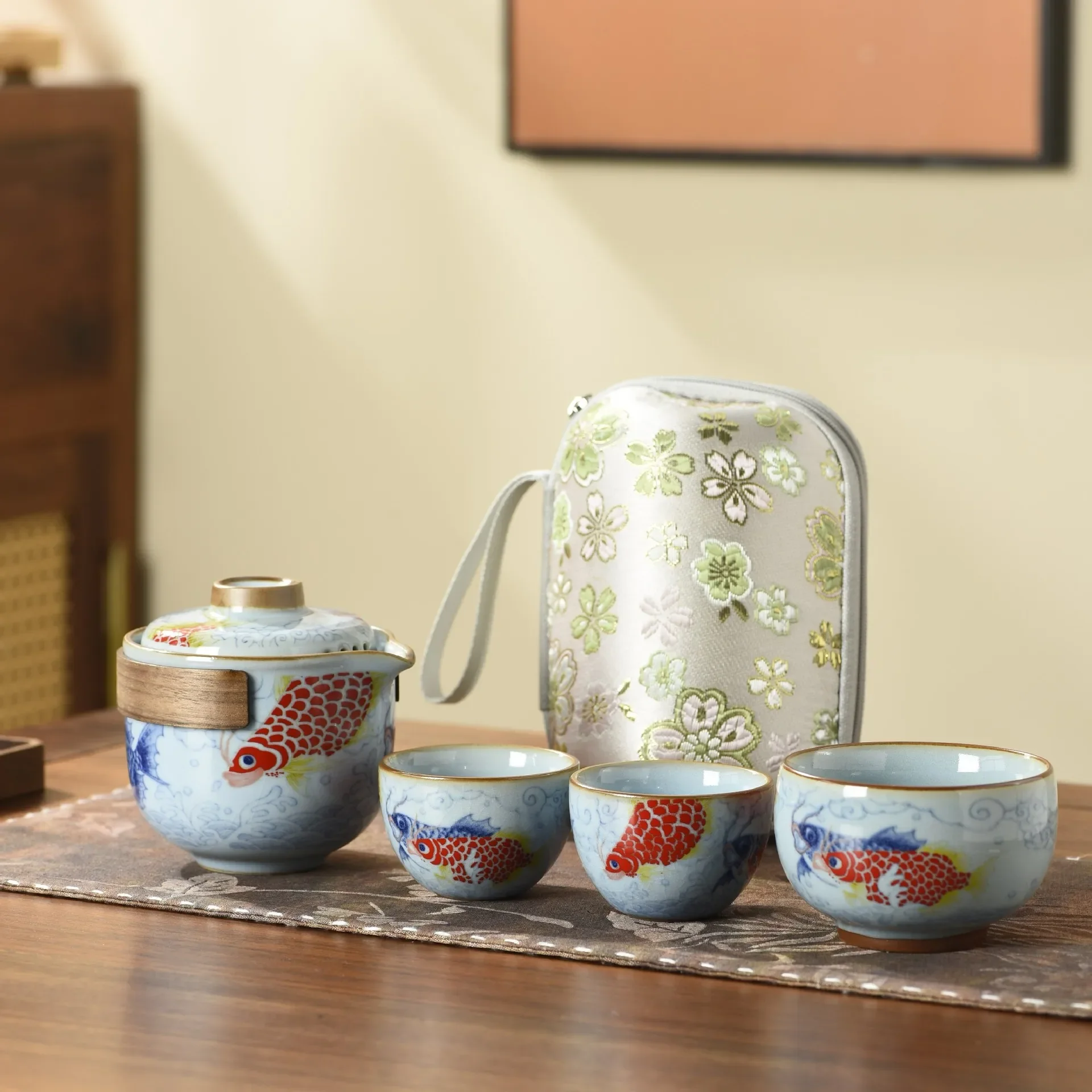 Colorful Ruyao Travel Tea Ceremony Set Portable One Pot Three Cups Tea Cup Tools Outdoor Camping Companion Business Gift Teaset