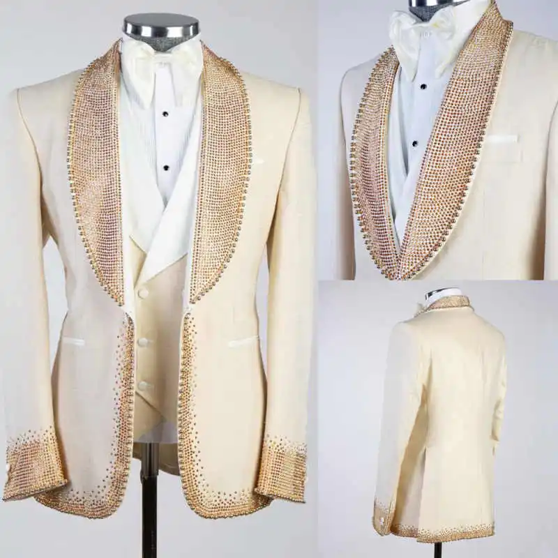 

Sparkling Beaded Men Wedding Tuxedos 2 Pieces One Button Shawl Lapel Pant Sets Loose Fit Formal Party Customized