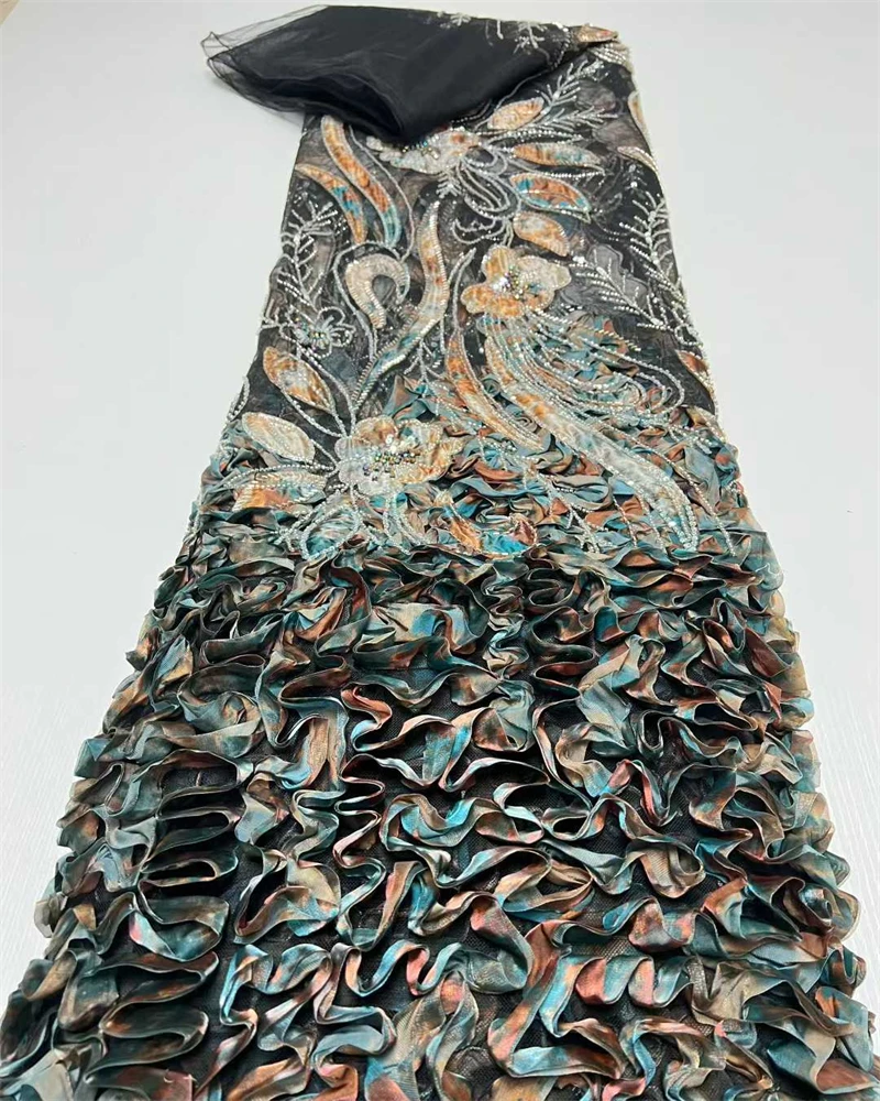 Tessuto di pizzo tulle francese ricamato 3D elegante africano nigeriano di alta qualità con paillettes per feste e matrimoni