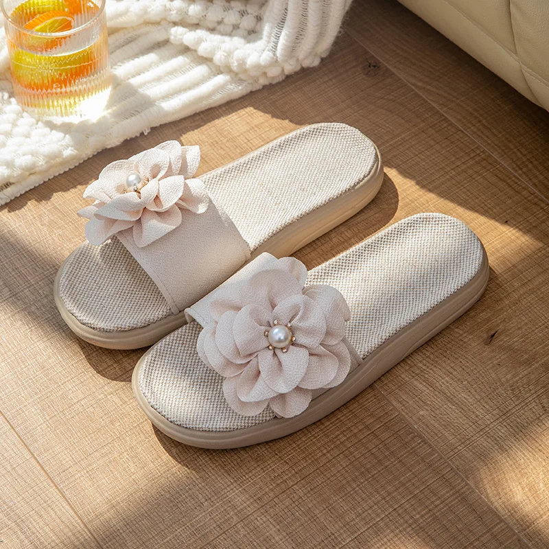2023 spring and summer linen home indoor soft bottom candy color female four seasons fabric big flower sandals and slippers