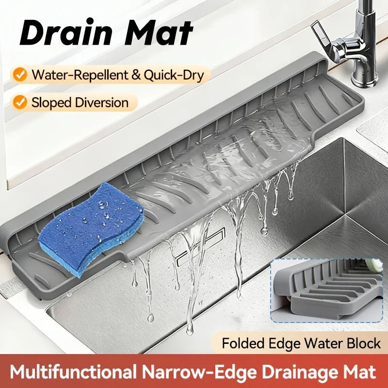 Narrow-Sized Sink Drain Mat Foldable Silicone Sponge Rack Countertop Protector Sloped Drainage Mat for Drying Kitchen Items
