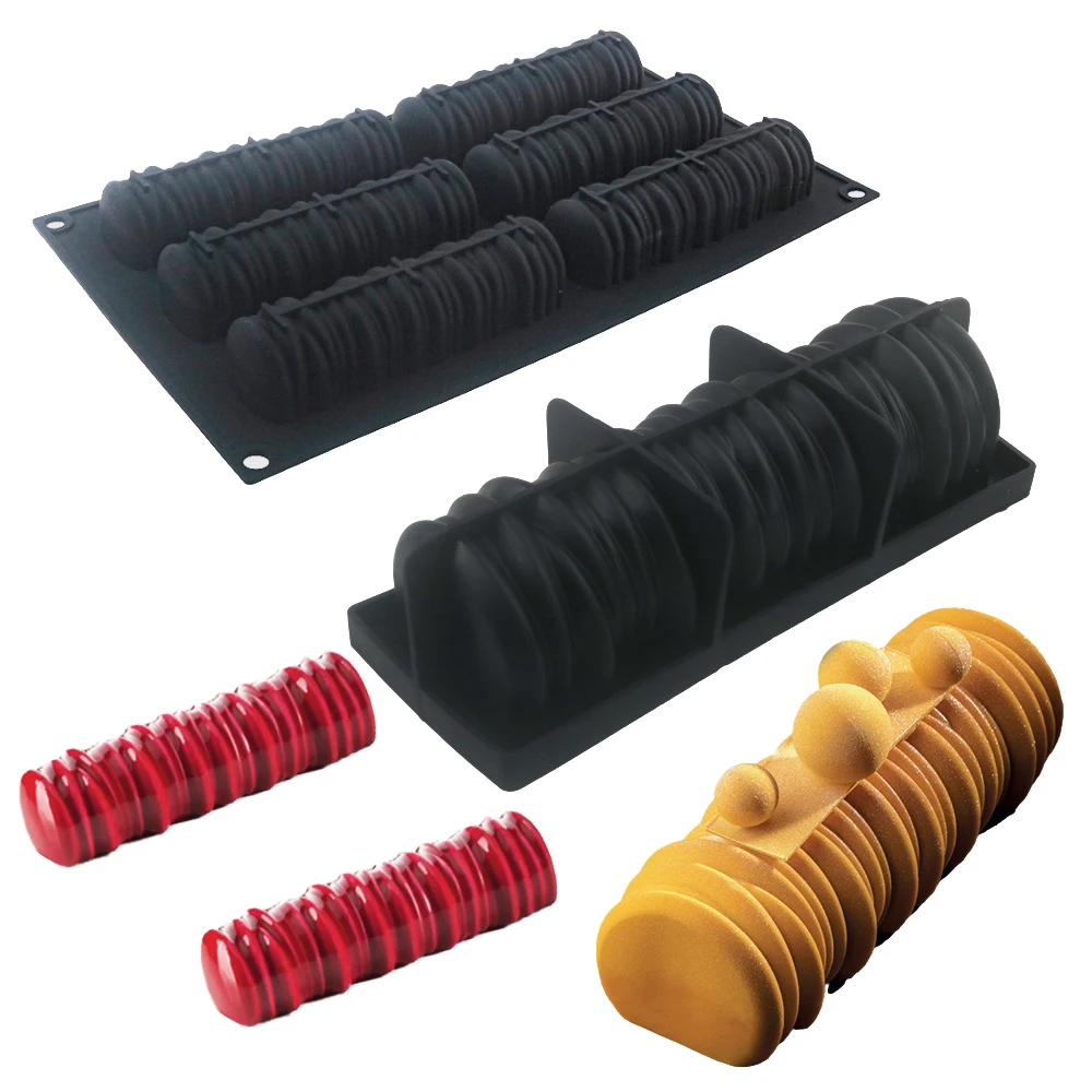 1 or 6 Cells French Mousse Cake Molds Long Cylindrical Thread Design Silicone Cake Moulds Dessert Baking Tools Kitchen Supplies