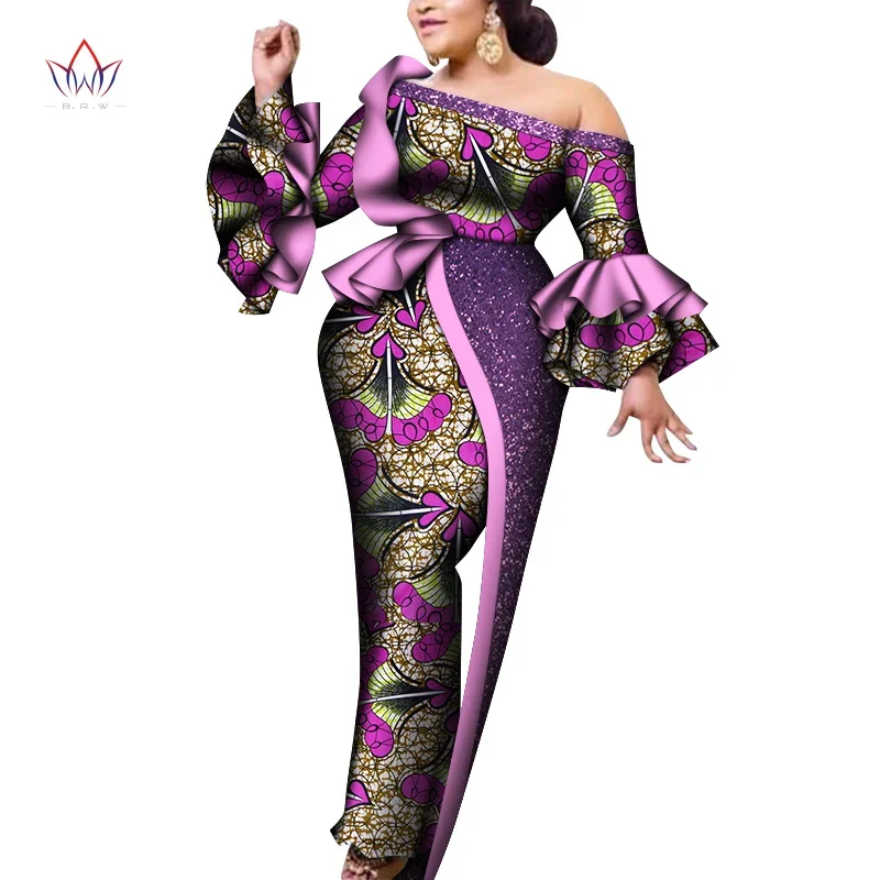 BRW African Maxi Dress Bazin Riche Lotus Sleeve Print Wax Long Dresses Off Sshoulder Plus Size 7XL Africa Clothing WY8086