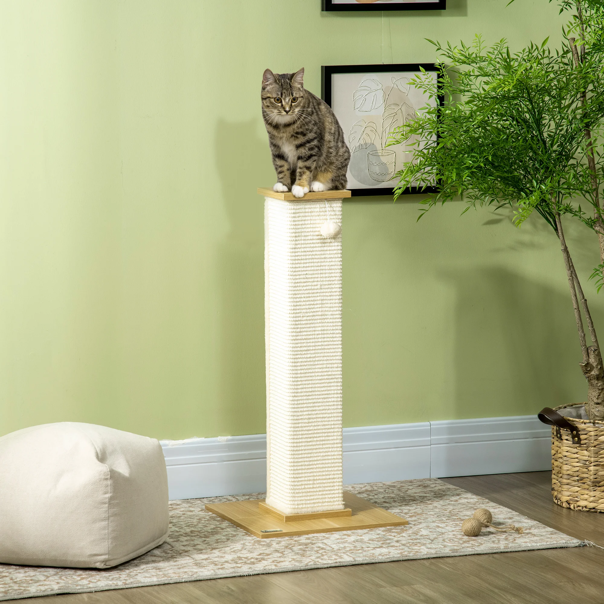 PawHut Poste Rascador para Gatos con Poste de Sisal y Bola Colgante 38x38x80 cm