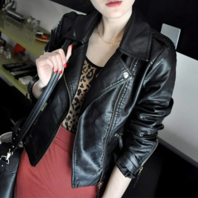 New in Jacket Spring Autumn Women Short Fashion Lapels Pink PU Slimming Coat Washed Pu Leather Oblique Zipper Women's Coat S-3XL