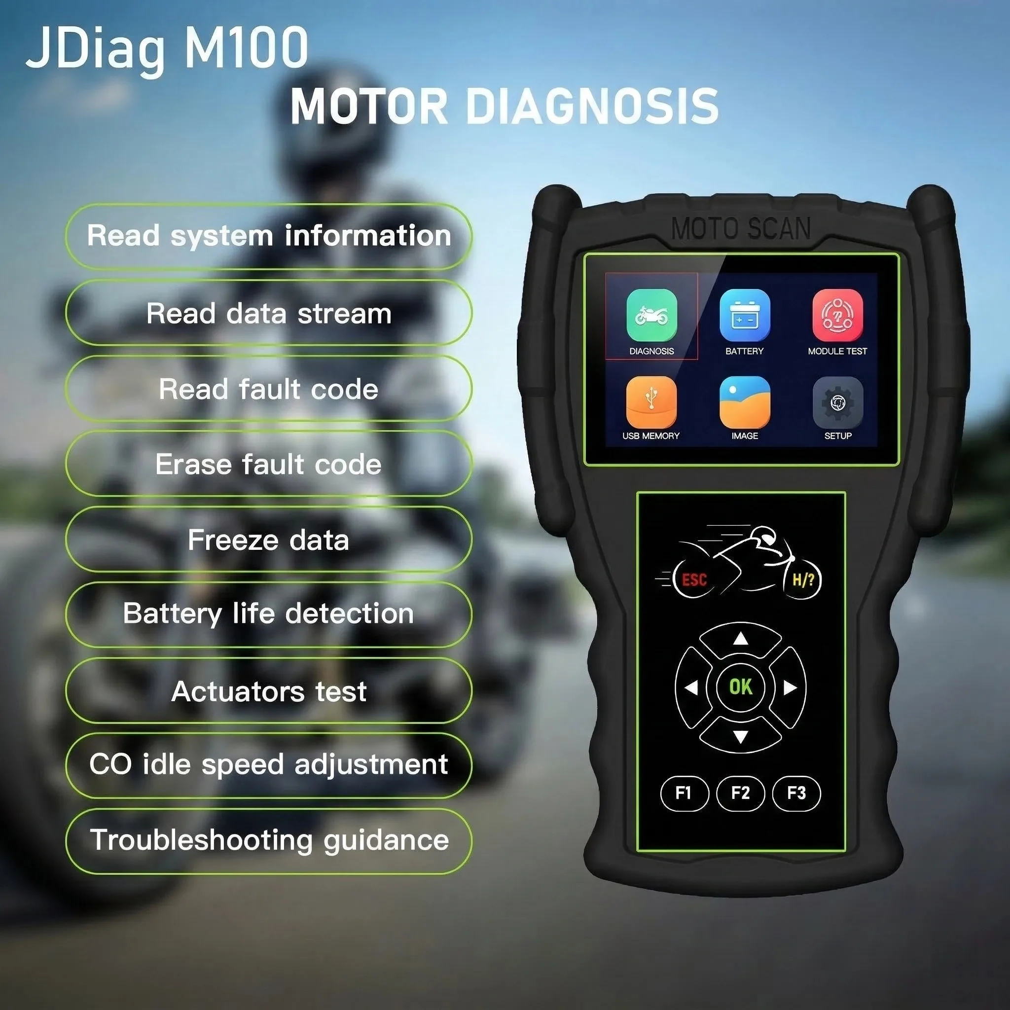 

JDiag M100 Motorcycle Diagnostic Scanner OBD2 Code Reader for Yamaha Honda Kawasaki Suzuki KTM Motorcycle Scan Tool