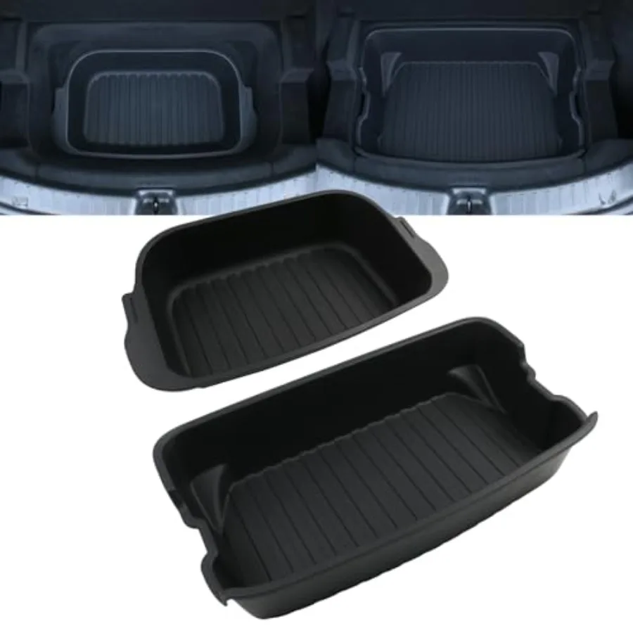 Tesla Model Y Juniper 2026 storage organizer box for vehicle interior use, ABS plastic material, dark green color, double-layer