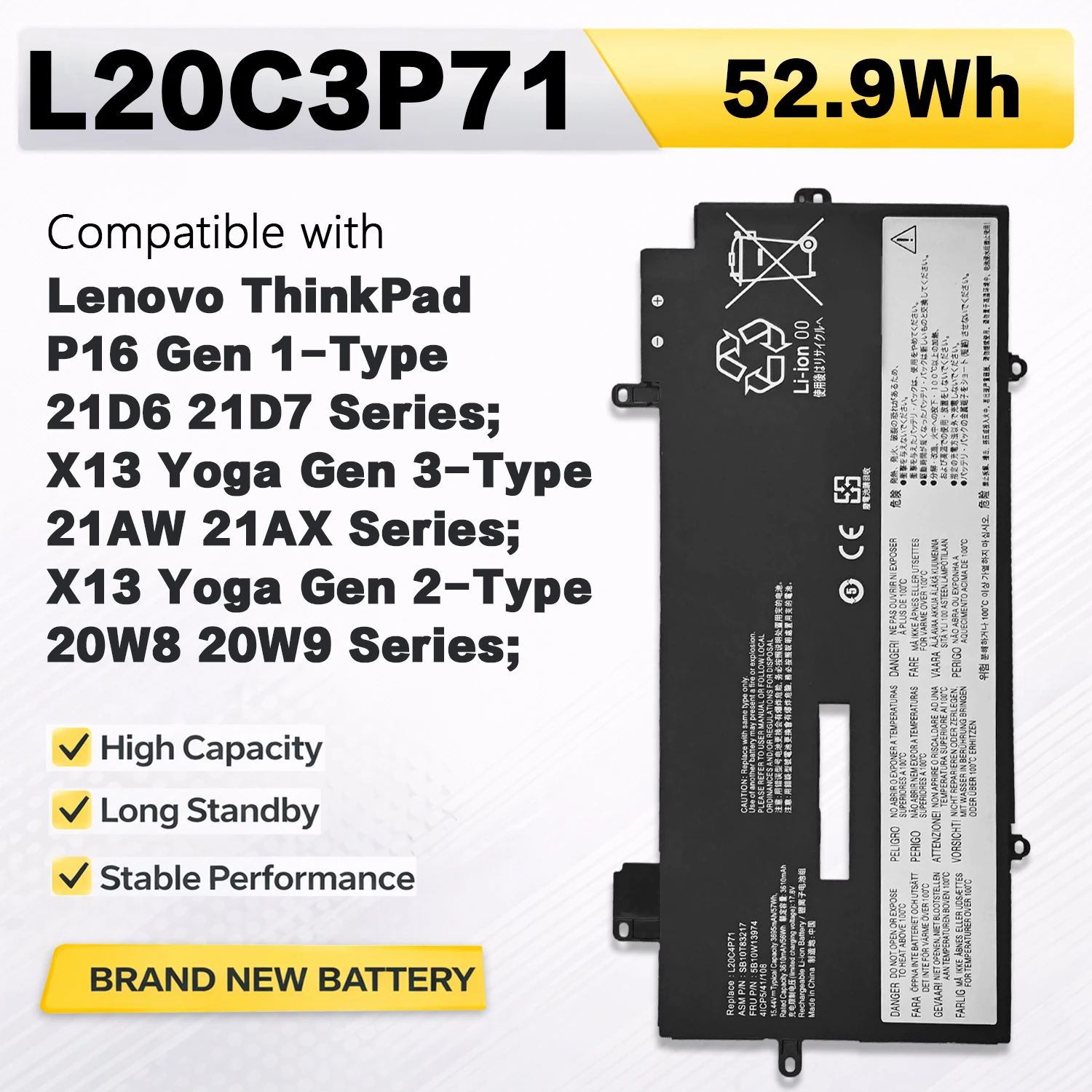 

Аккумулятор PowerHub L20C3P71 L20M3P71 11.58V 52.9Wh для Lenovo ThinkPad X13 Yoga Gen2, замена SB11A13105