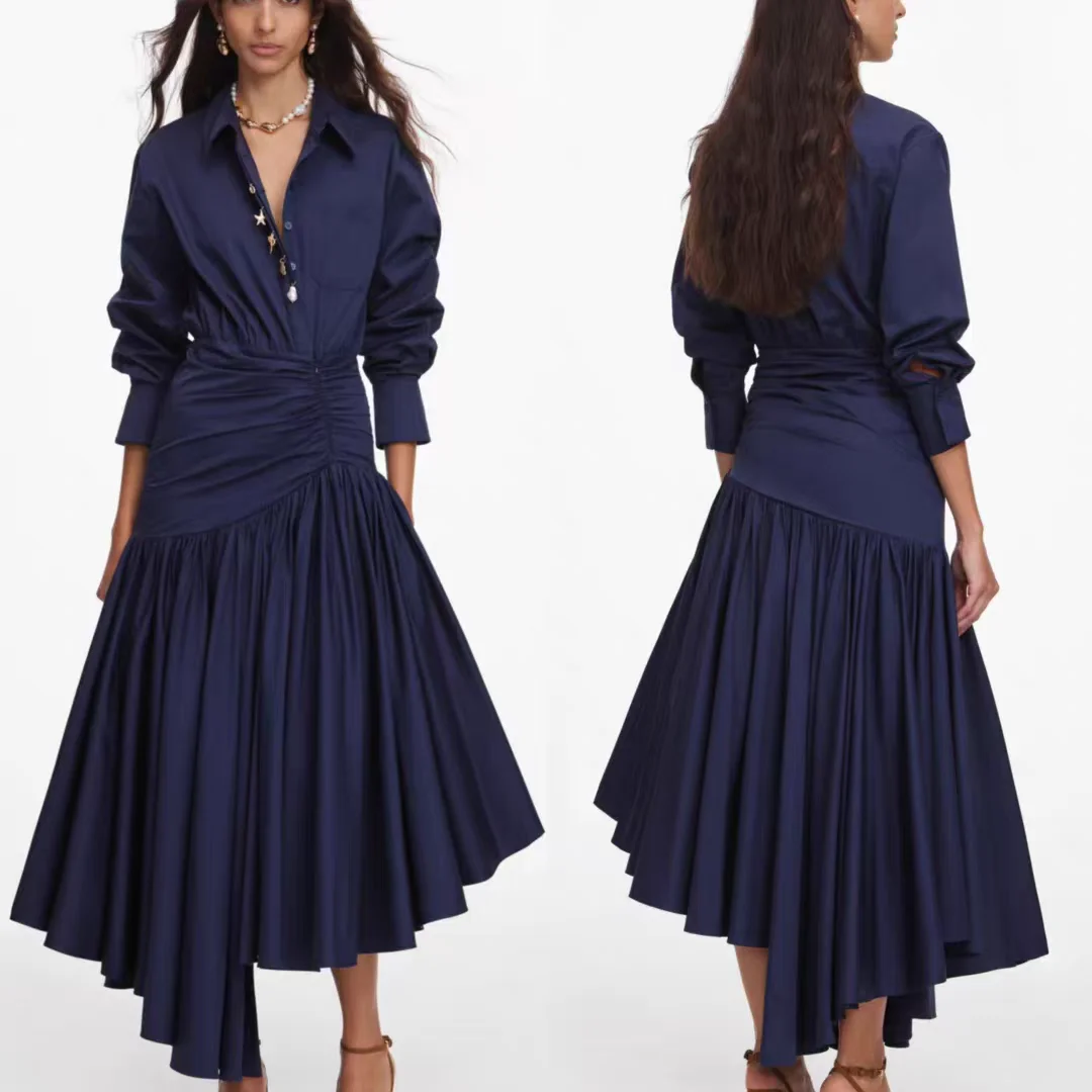 Women Asymmetric shirt dress high waist long sleeve fashion midi dress