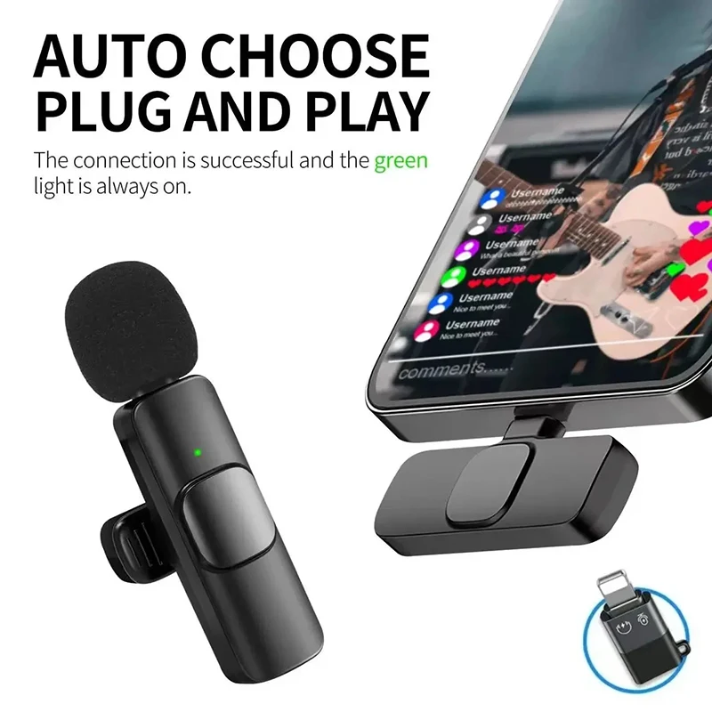 2-in-1 Wireless Lavalier Microphone Portable Audio Video Recording Mini Mic for iPhone Android Live Broadcast Gaming Phone Mic