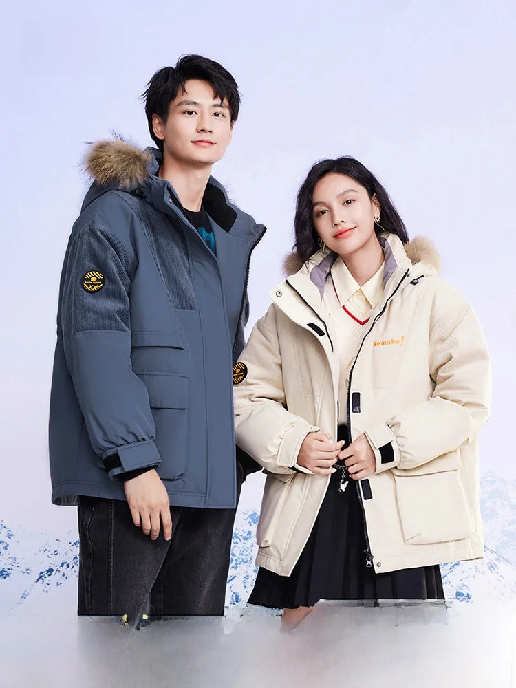 

Warm Short down Jacket Snow Flying 26 Autumn Winter Couples Men Women Style Fur Collar Hooded Corduroy Patchwork Design Duck ...