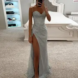 Women Evening Dress Spaghetti Strap Shiny Sequin Sleeveless Off Shoulder Dress Loose High Waist Floor Length Lady Prom Dress