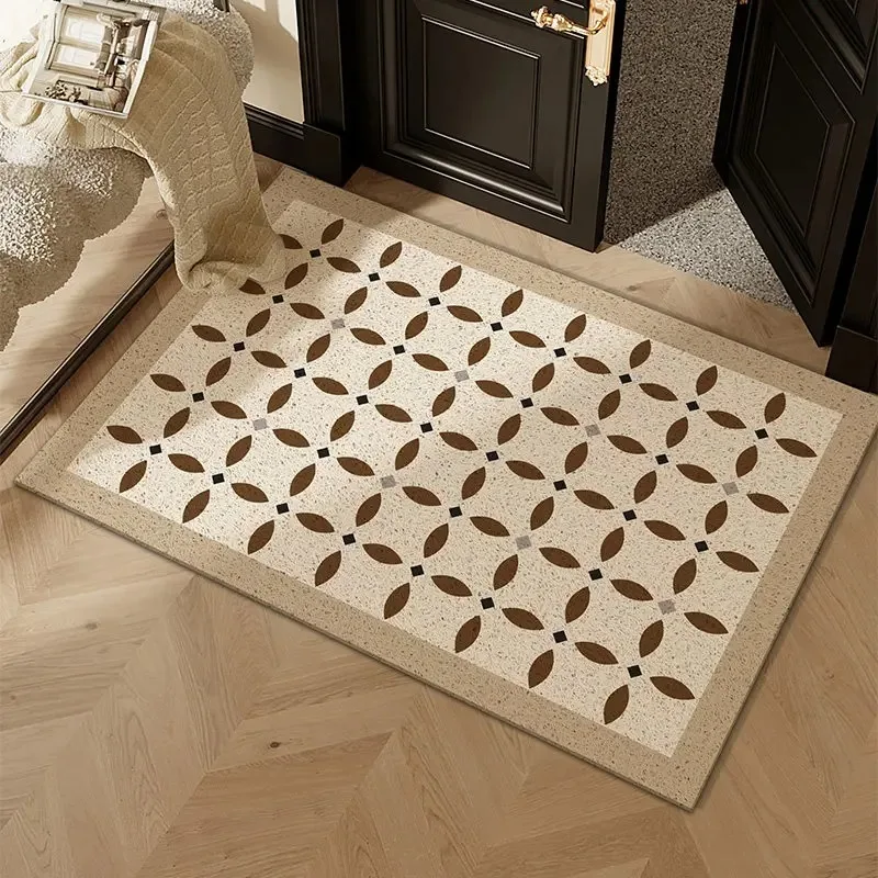 Retro Tile Geometric Floral PVC Coil Doormat Anti Slip Dirt Trapping Entrance Door Mat Waterproof Shoe Scraper Floor Rug Decor
