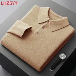 Men's New 100% Pure Wool Sweater Spring Autumn Knit Lapel Pullovers Youth Loose Versatile PoLo Shirt Short Bottom T-shirt Tops