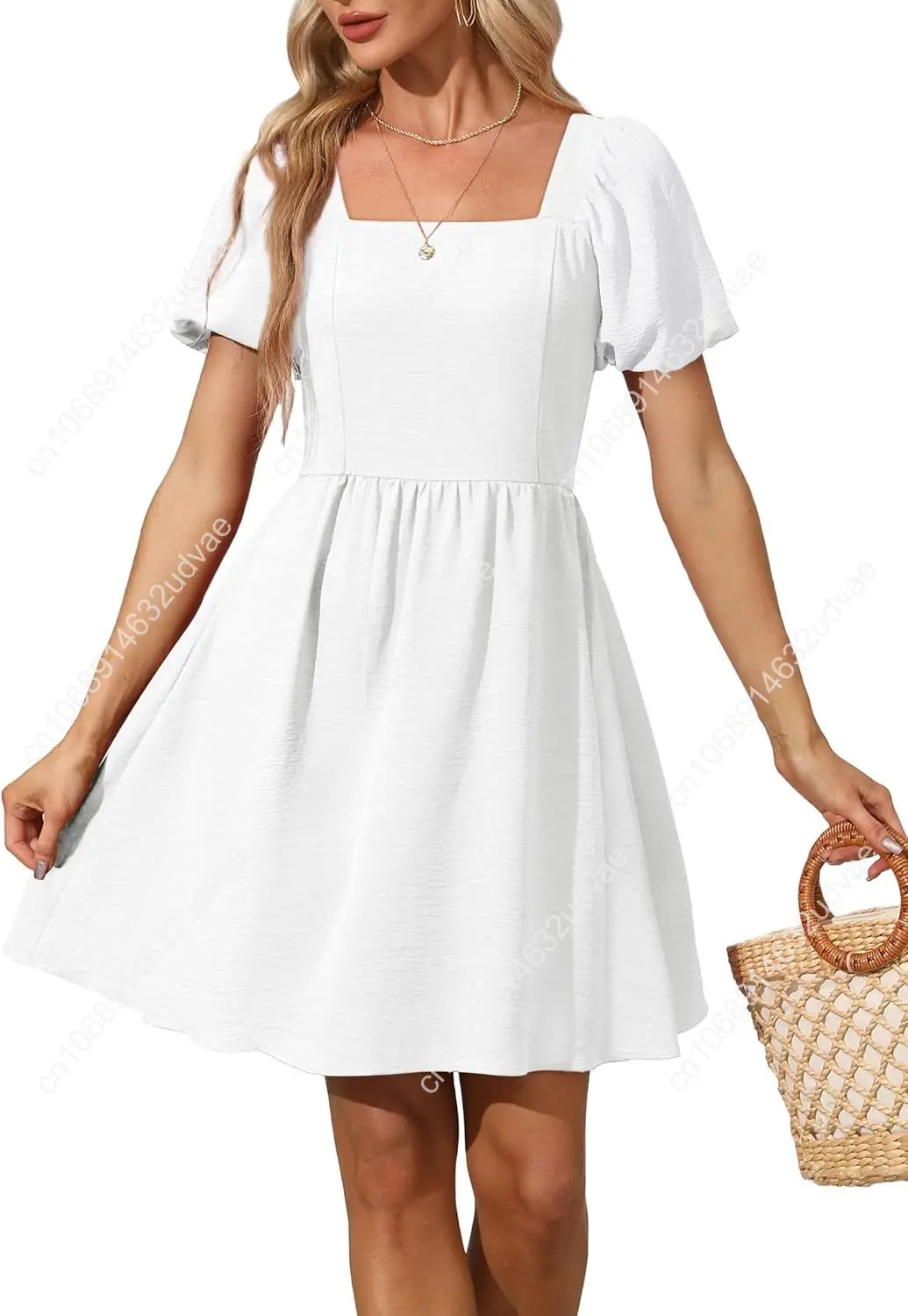 

Women Puff Sleeve Square Neck Tie in Back Dresses with Zipper