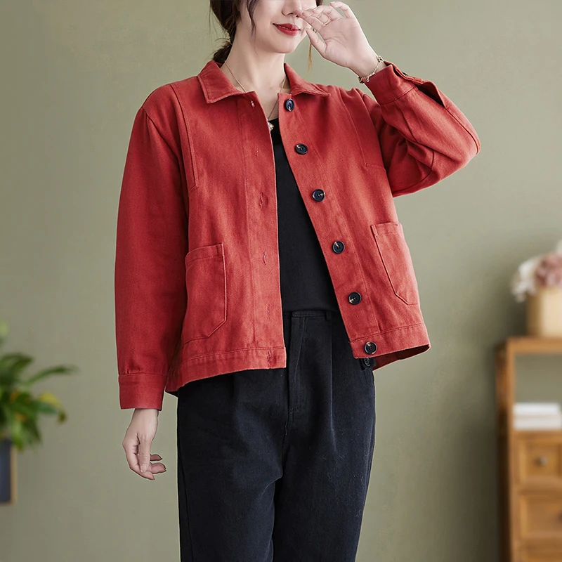 

Длинное пальто из чистого хлопка для женщин, свободный крой с воротником для похудения, весна-осень, новая повседневная верхняя одежда