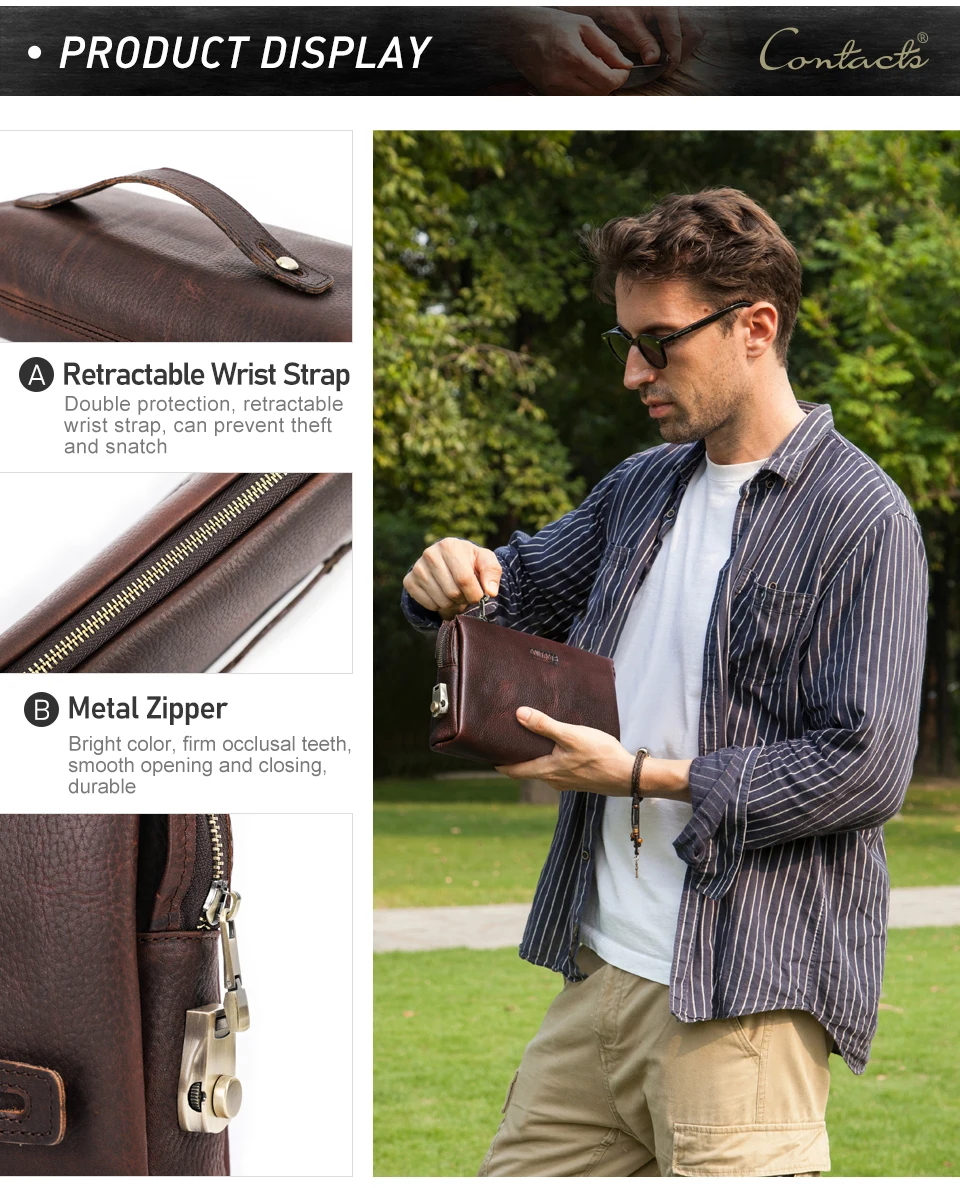 CONTACT'S Herren-Clutch mit Passwortschloss-Design, Langlebige Handtasche mit Reißverschluss, Herren-Geschäftslangbörse aus Echtleder, Handytasche – Detail 21