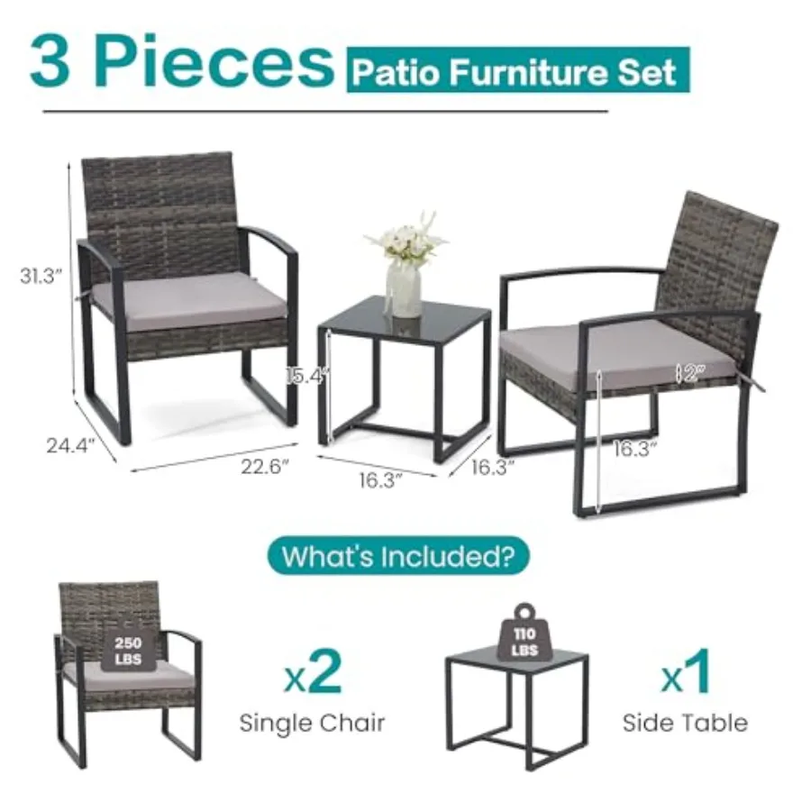 3-Piece Patio Furniture Set for Backyard, Porches, Poolside, Lawn and Balcony: Grey Wicker Bistro Set with 2 Straight Arm Chair