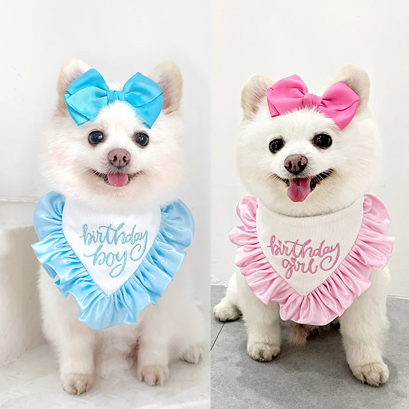 

Pet Dog Cats Supplies Cute Pink Blue Letter Print Bibs Collars Birthday Party Tie Puppy Grooming Jewelry Accessories Chihuahua