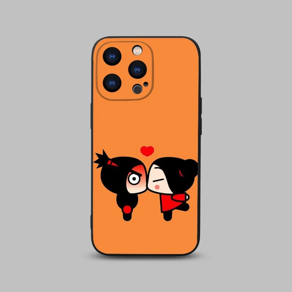 Cartoon Pucca Garu Phone Case For iPhone 15,14,13,12,11 Plus,Pro,Max,XR,XS,X,7,8 Plus,SE,Mini Black Silicone Soft