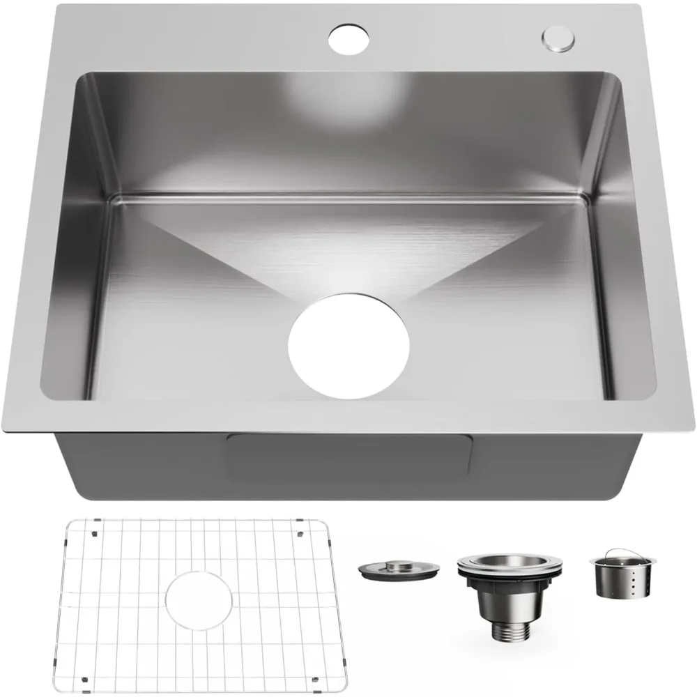 

20" x 16" drop in kitchen sink 304 stainless steel single bowl topmount kitchen sink with drain kit and bottom grid, brushed