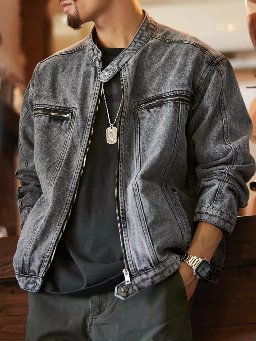 

Retro American Large Size Motorcycle Jaet Loose Fit Zipper Collar Waed Denim Spring Autumn New Sle Men's Trendy Workwear