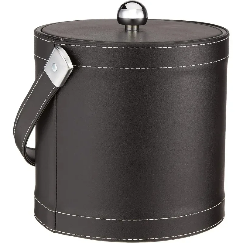 Kraftware Ice Bucket with Stitched Handle, Fabric Lid and Chrome Astro Ball Knob, Black - 3 Quart