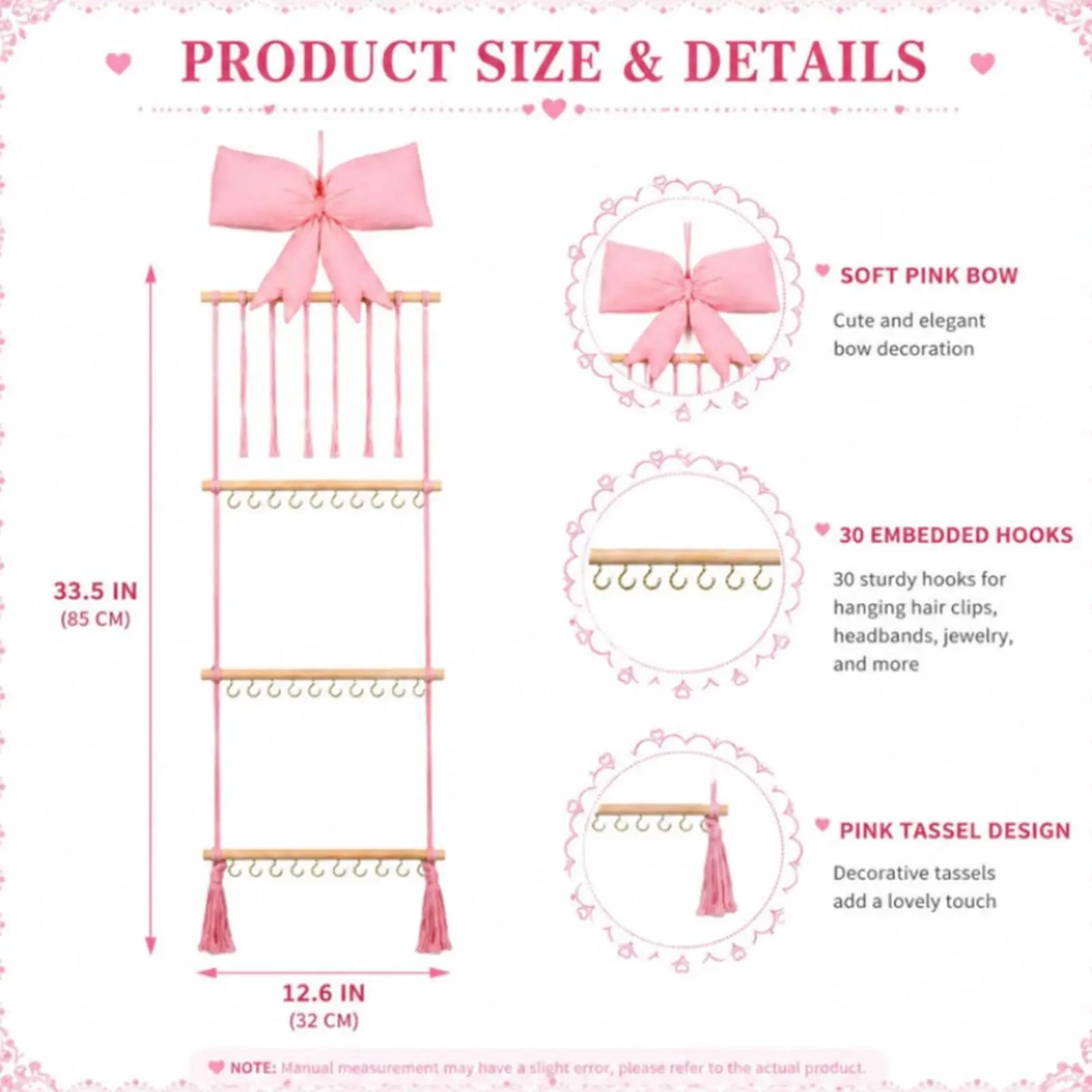 Hair Accessory Storage Organizer 30 Hooks Cute Pink Bow Multifunctional Headband Display Stand For Women Girls Scrunchies