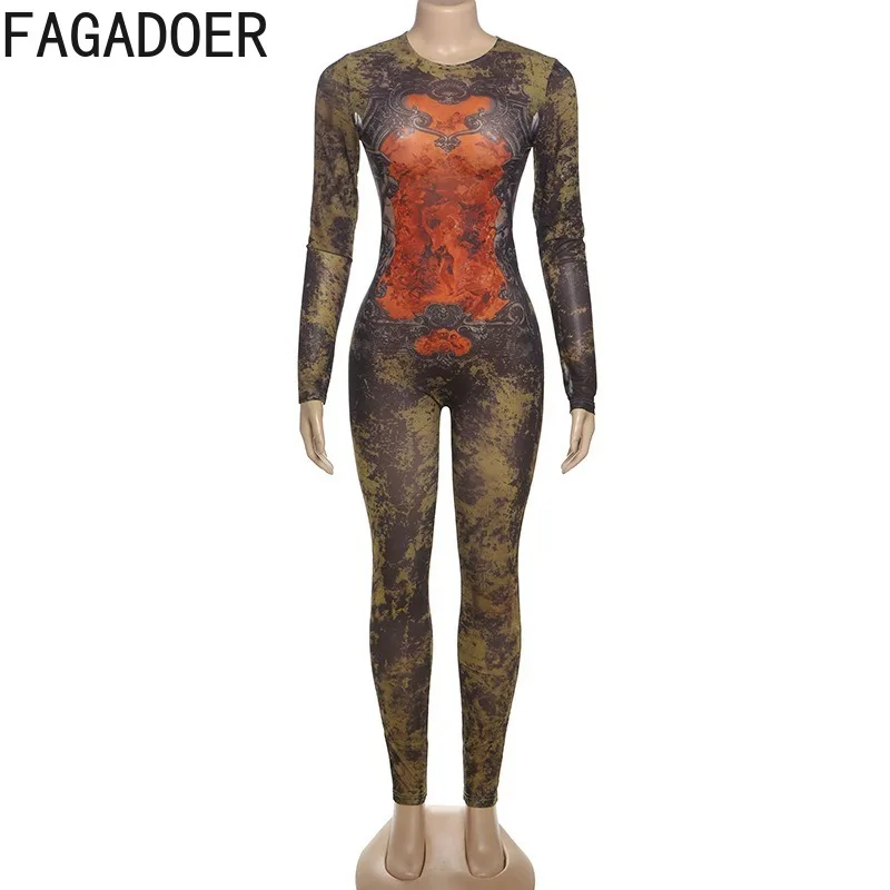 FAGADOER Sexy Aesthetics Print Bodycon Jumpsuit Women Mesh See Through Long Sleeves Rompers Female Streetwear Overalls 2025 New