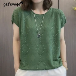 2024 Summer Women Fashion Jacquard Simple Casual Ice Silk Knitted T-shirt Female Solid O Neck Short Sleeve Loose Pullover Tops