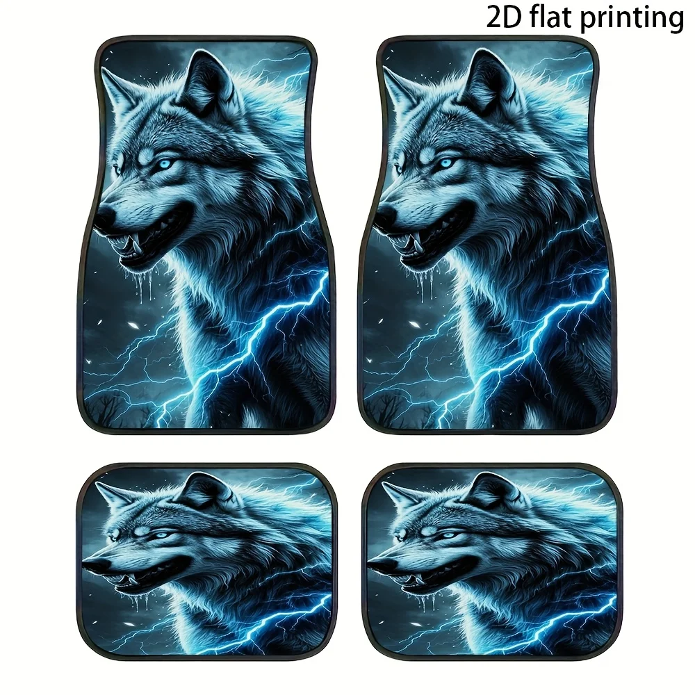 4pcs Car Floor Mats, Blue Lightning Wolf Head Design, Universal Car Mats, Made Of Polyester Fiber, Easy To Clean, Automotive Dec