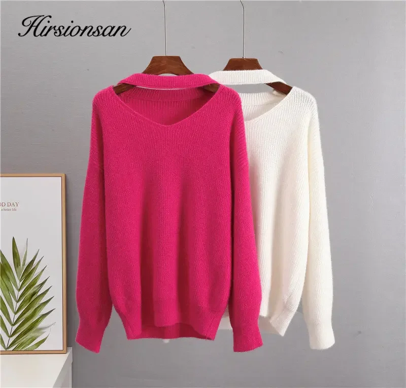 Hirsionsan Soft Warm V Neck Sweater Women Elegant Candy Color Knitted Female Pullovers Loose Cashmere Basic Knitwear Jumper