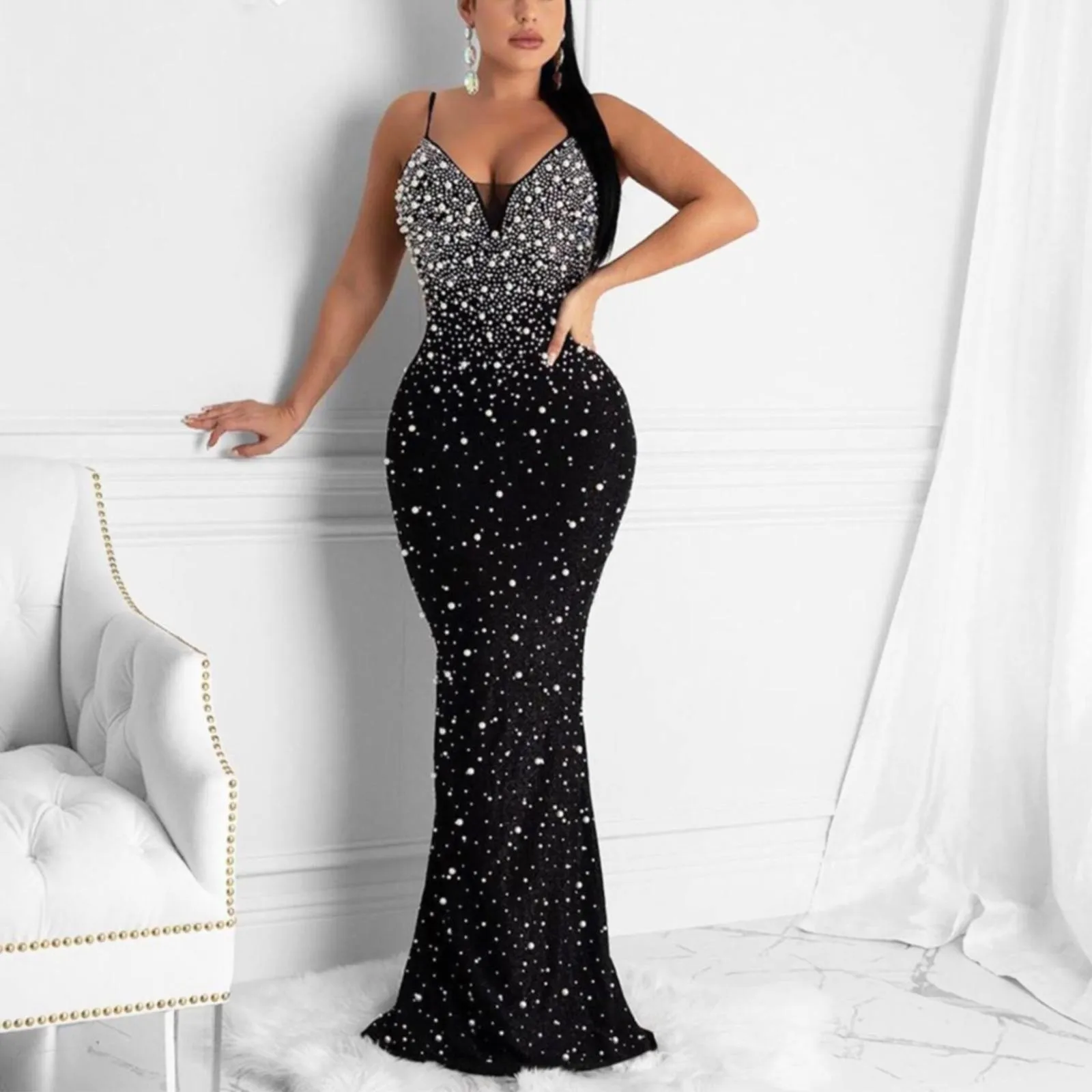 Women's Sexy Hot Drill Prom Dresses Elegant Spaghetti Strap Bodycon Mermaid Dress Female Shiny Beads Luxury Dress Vestidos