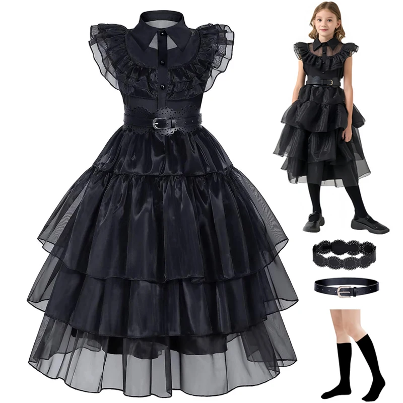 Disfraz de Halloween 2025 para Niñas, Vestido de Wednesday Addams, Disfraz Gótico para Niñas, Vestidos de Fiesta