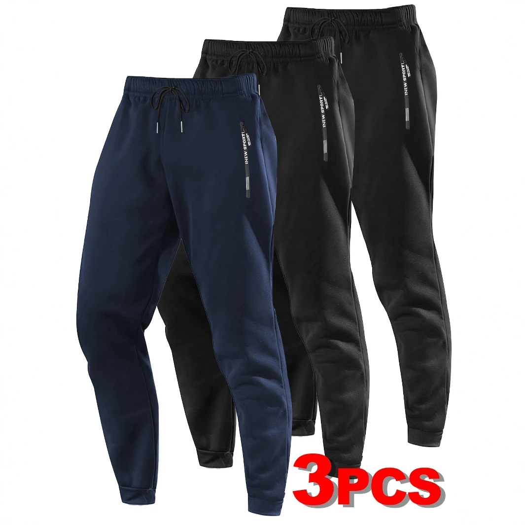 

3pcs Men's & Unisex All-Season Breathable Jogger Pants with Elastic Waist & Cuffs, Letter Print Zipper Pockets - Solid Color Reg