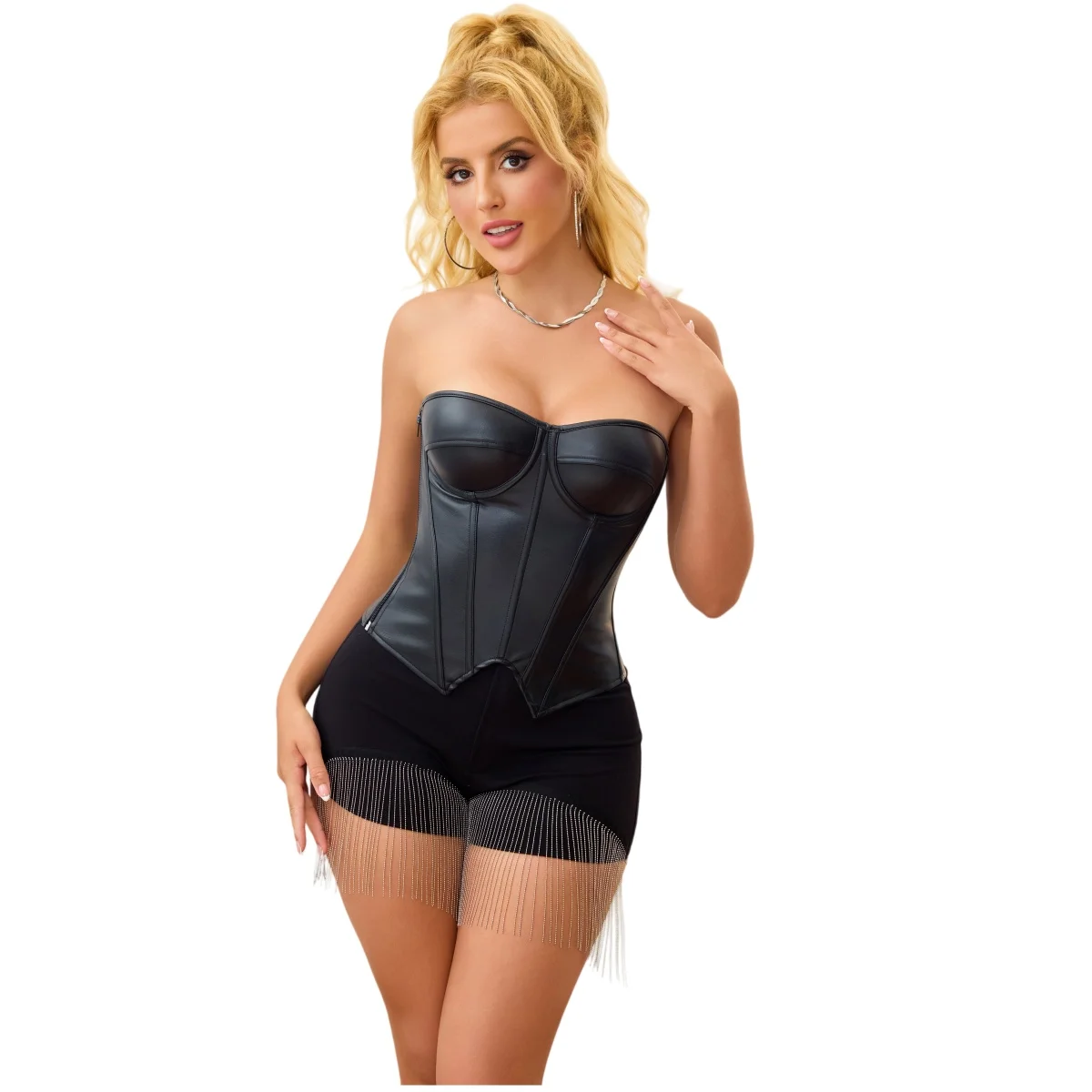 

Женское бюстье без бретелек из искусственной кожи - сексуальный корсет на молнии с чашкой бюстгальтера на шнуровке, корсет на косточке Korsett