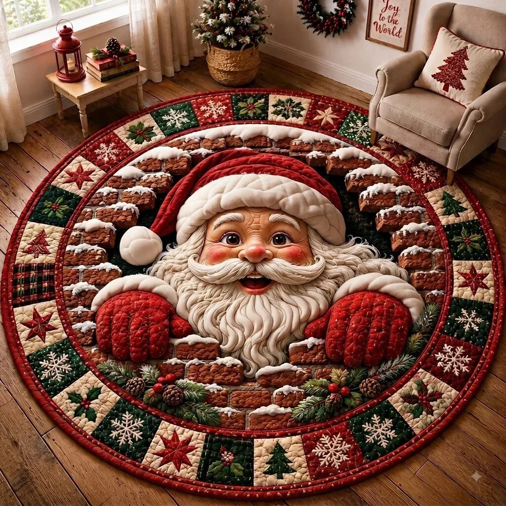 Merry Christmas Round Rug Dizziness Visual Art Carpet Santa Claus Cattle Print New Year Christmas Gift Hallway Decor Nonslip Rug