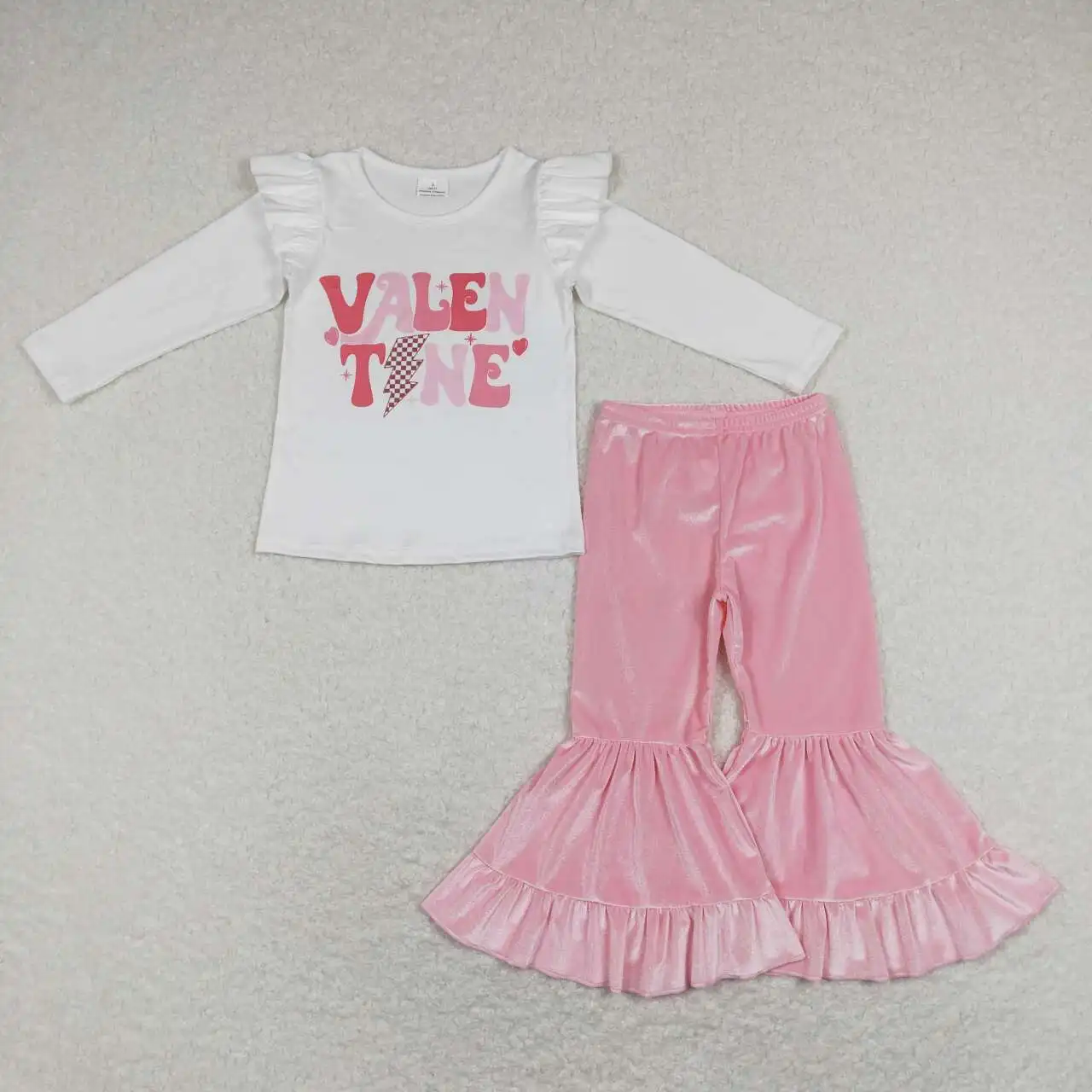 

wholesale hot sale kids baby girls clothes Valentine's Day lettering lace long-sleeved top pink lace trousers set